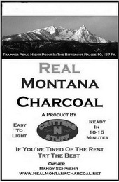 REAL MONTANA CHARCOAL A PRODUCT BY EASY TO LIGHT CRITTERS-N-STUFF READY IN 10-15 MINUTES IF YOU'RE TIRED OF THE REST TRY THE BEST OWNER RANDY SCHWEHR WWW.REALMONTANACHARCOAL.NET TRAPPER PEAK, HIGH POINT IN THE BITTEROOT RANGE 10,157 FT. logo