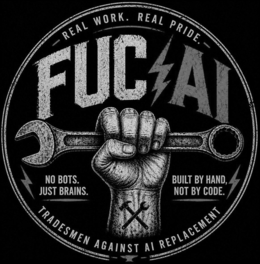 REAL WORK. REAL PRIDE. FUC AI NO BOTS. JUST BRAINS. BUILT BY HAND, NOT BY CODE. TRADESMEN AGAINST AI REPLACEMENT logo