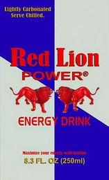 RED LION POWER ENERGY DRINK LIGHTLY CARBONATED SERVE CHILLED. MAXIMIZE YOUR ENERGY WITH 8.3 FL. OZ (250ML) logo