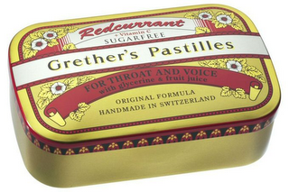 REDCURRANT + VITAMIN C SUGARFREE GRETHER'S PASTILLES FOR THROAT AND VOICE WITH GLYCERINE & FRUIT JUICE ORIGINAL FORMULA HANDMADE IN SWITZERLAND logo