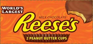 REESE'S 2 PEANUT BUTTER CUPS MILK CHOCOLATE WORLD'S LARGEST logo
