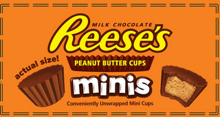 REESE'S MINIS MILK CHOCOLATE PEANUT BUTTER CUPS ACTUAL SIZE! CONVENIENTLY UNWRAPPED MINI CUPS logo