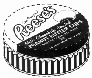 REESE'S THE ORIGINAL MILK CHOCOLATE COATED PEANUT BUTTER CUPS "MADE IN CHOCOLATE TOWN SINCE 1923 SO THEY MUST BE GOOD" logo
