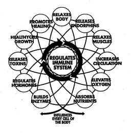REGULATES IMMUNE SYSTEM RELAXES BODY RELEASES ENDORPHINS RELAXES MUSCLES INCREASES CIRCULATION ELEVATES OXYGEN ABSORBS NUTRIENTS BUILDS ENZYMES REGULATES HORMONES RELEASES TOXINS HEALTHYCELL GROWTH PROMOTES HEALING INFLUENCES EVERY CELL OF THE BODY logo