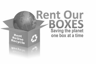 RENT OUR BOXES SAVING THE PLANET ONE BOX AT A TIME RENT REUSE RECYCLE logo