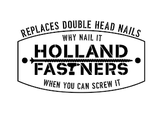 REPLACES DOUBLE HEAD NAILS WHY NAIL IT HOLLAND FASTNERS WHEN YOU CAN SCREW IT logo