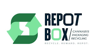 REPOT BOX CANNABIS PACKAGING RECYCLING RECYCLE . REWARD . REPOT . logo