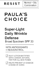 RESIST NORMAL · OILY COMBINATION PAULA'S CHOICE SUPER-LIGHT DAILY WRINKLE DEFENSE BROAD SPECTRUM SPF 30 WITH ANTIOXIDANTS + RESVERATROL SILKY LOTION MATTIFIES WITH A SHEER, NATURAL TINT FOR ALL SKIN TONES HELPS PREVENT UV DAMAGE & SIGNS OF AGING logo