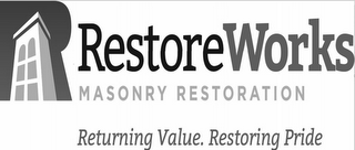 RESTOREWORKS MASONRY RESTORATION RETURNING VALUE. RESTORING PRIDE logo