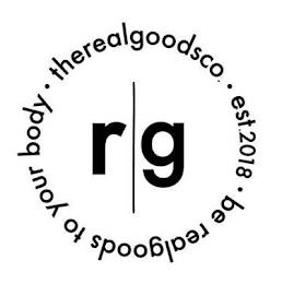 R|G · THEREALGOODSCO. · EST. 2018 · BE REALGOODS TO YOUR BODY logo