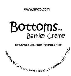RHYCO LLC 2002 BOTTOMS BARRIER CREME 100% ORGANIC DIAPER RASH PREVENTER & RELIEF WWW.RHYCO.COM logo
