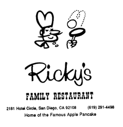 RICKY'S FAMILY RESTAURANT SAN DIEGO CA 92108 HOME OF THE FAMOUS APPLE PANCAKE logo