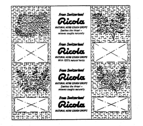 RICOLA NATURAL HERB COUGH DROPS SOOTHES THE THROAT - RELIEVES COUGHS NATURALLY WITH 100% NATURAL HERBS FROM SWITZERLAND logo