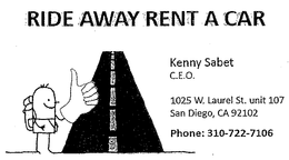 RIDE AWAY RENT A CAR KENNY SABET C.E.O. 1025 W. LAUREL ST. UNIT 107 SAN DIEGO, CA 92102 PHONE: 310-722-7106 logo