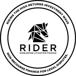 RIDER RIDING THE HIGH RETURNS INVESTMENT WAVE.WORLDWIDE LITIGATION FINANCE. NON- RECOURSE FINANCE FOR LEGAL DISPUTES logo