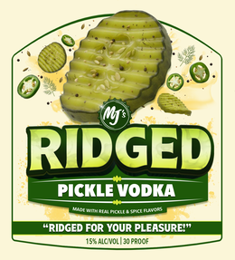 RIDGED PICKLE VODKA "RIDGED FOR YOUR PLEASURE!" MADE WITH REAL PICKLE & SPICE FLAVORS MJ'S 15% ALC/VOL 30 PROOF logo