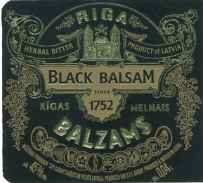 RIGA BLACK BALSAM RIGAS MELNAIS BALZAMS HERBAL BITTER PRODUCT OF LATVIA SINCE 1752 RAZOSANU PARRAUGA "SPI GROUP". RAZOTS UN PILDITS LATVIJA. PRODUCED FOR S.P.I. GROUP. PRODUCED & BOTTLED IN LATVIA ALK. 45% TILP. TILP. 0,04L logo