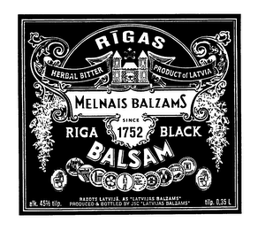 RIGAS HERBAL BITTER PRODUCT OF LATVIA MELNAIS BALZAMS RIGA BLACK BALSAMS SINCE 1752 ALK. 45% TILP. RAZOTS LATVIJA. AS "LATVIJAS BALZAMS" PRODUCED & BOTTLED BY JSC "LATVIJAS BALZAMS" TILP. 0,35 L logo
