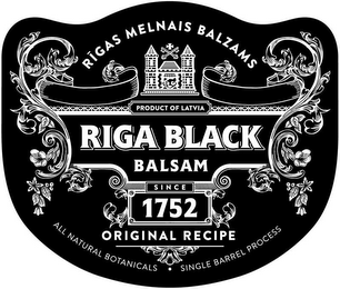RIGAS MELNAIS BALZAMS RIGA BLACK BALSAMSINCE 1752 ORIGINAL RECIPE ALL NATURAL BOTANICALS · SINGLE BARREL PROCESS logo