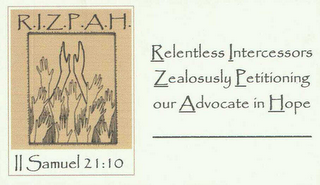 R.I.Z.P.A.H. RELENTLESS INTERCESSORS ZEALOUSLY PETITIONING OUR ADVOCATE IN HOPE II SAMUEL 21:10 logo