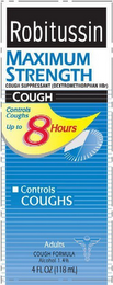ROBITUSSIN MAXIMUM STRENGTH COUGH SUPPRESSANT (DEXTROMETHORPHAN HBR) COUGH CONTROLS COUGHS UP TO 8 HOURS CONTROLS COUGHS ADULTS COUGH FORMULA ALCOHOL 1.4% 4 FL OZ (118 ML) logo