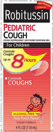 ROBITUSSIN PEDIATRIC IMPROVED TASTE! COUGH COUGH SUPPRESSANT (DEXTROMETHORPHAN HBR) FOR CHILDREN CONTROLS COUGHS UP TO 8 HOURS CONTROLS COUGHS ALCOHOL FREE FRUIT PUNCH FLAVOR COUGH FORMULA 4 FL OZ (118 ML) logo