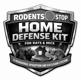 RODENTS STOP HOME DEFENSE KIT FOR RATS & MICE. A BEHAVIORAL DISRUPTION AND EXCLUSION SYSTEM logo