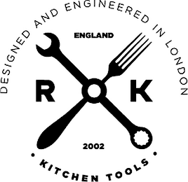 ROK DESIGNED AND ENGINEERED IN LONDON · KITCHEN TOOLS · 2002 logo