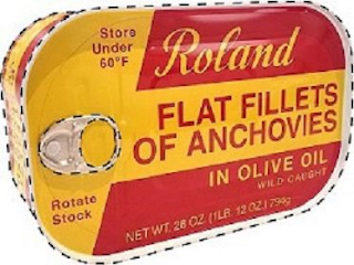 ROLAND FLAT FILLETS OF ANCHOVIES IN OLIVE OIL WILD CAUGHT STORE UNDER 60°F ROTATE STOCK NET WT.28 OZ. (1LB. 12OZ.) 794G logo