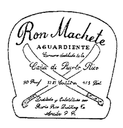 RON MACHETE AGUARDDIENTE GENUINO DISTILADO DE LA CANA DE PUERTO RICO 90 PROOF 37.85 CENTILITROS 4/5 PINT DISTILADO Y EMBOTELLADO POR PUERTO RICO DISTILLING CO ARECIBO, P.R. logo
