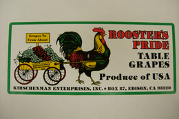 ROOSTER'S PRIDE TABLE GRAPES PRODUCE OF USA GRAPES TO CROW ABOUT KIRSHENMAN ENTERPRISES, INC. BOX 27, EDISON, CA 93220 logo