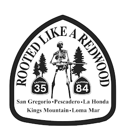 ROOTED LIKE A REDWOOD CALIFORNIA 35 CALIFORNIA 84 SAN GREGORIO · PESCADERO · LA HONDA KINGS MOUNTAIN · LOMA MAR logo