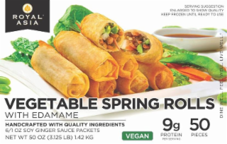 ROYAL ASIA SERVING SUGGESTION ENLARGED TO SHOW QUALITY KEEP FROZEN UNTIL READY TO USE DINE WELL FEEL WELL LIVE WELL VEGETABLE SPRING ROLLS WITH EDAMAME OVEN READY & SOY GINGER SAUCE INCLUDED NET WT 3 LBS (1.36 KG) VEGAN 7G PROTEIN PER SERVING 50 PIECES logo
