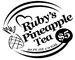RUBY'S PINEAPPLE TEA 32 FL OZ ½ GAL $5 logo