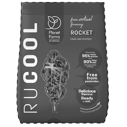 RUCOOL, PLANET FARMS GO VERTICAL, FROM VERTICAL FARMING, ROCKET, CRISP AND PEPPERY, GROWN USING 95% LESS WATER AND 90% LESS SOIL THAN OPEN-FIELD FARMING. FREE FROM PESTICIDES. DELICIOUS FLAVOUR. READY TO EAT. TO FIND OUT MORE, TURN ME ROUND logo