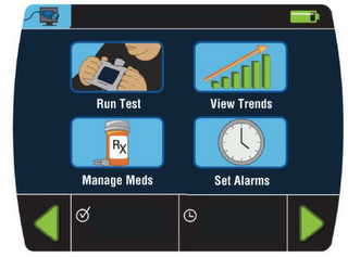 RUN TEST VIEW TRENDS MANAGE MEDS SET ALARMS RX logo