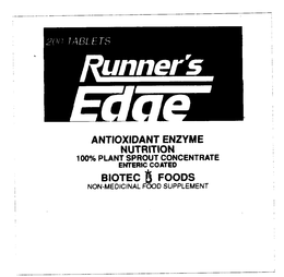 RUNNER'S EDGE ANTIOXIDANT ENZYME NUTRITION 100% PLANT SPROUT CONCENTRATE ENTERIC COATED BIOTEC FOODS NON-MEDICINAL FOOD SUPPLEMENT 200 TABLETS logo