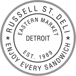 RUSSELL ST. DELI ENJOY EVERY SANDWICH EASTERN MARKET DETROIT EST. 1989 logo