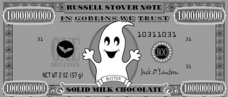 RUSSELL STOVER NOTE 1,000,000,000 IN GOBLINS WE TRUST 1,000,000,000 31 ONE BILLION BOO 10311031 31 NET WT 2 OZ (57 G) BUSTER JACK O' LANTERN 31 1,000,000,000 SOLID MILK CHOCOLATE 1,000,000,000 logo