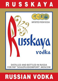 RUSSKAYA IMPORTED FROM RUSSIA RUSSKAYA VODKA  DISTILLED AND BOTTLED IN RUSSIA FOR FKP 'SOJUZPLODOIMPORT', MOSCOW RUSSIAN VODKA logo