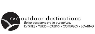 RVC OUTDOOR DESTINATIONS BETTER VACATIONS ARE IN OUR NATURE. RV SITES · YURTS · CABINS · COTTAGES · BOATING logo