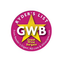 RYDER'S LIST GWB GREAT WINE BARGAIN FROM READER'S DIGEST, RD.COM & ALLRECIPES.COM logo