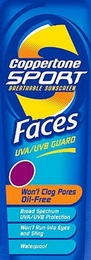 S COPPERTONE SPORT BREATHABLE SUNSCREEN FACES UVA/UVB GUARD WON'T CLOG PORES OIL-FREE BROAD SPECTRUM UVA/UVB PROTECTION WON'T RUN INTO EYES AND STING WATERPROOF logo