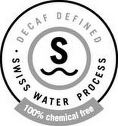 S · SWISS WATER PROCESS DECAF DEFINED 100% CHEMICAL FREE logo