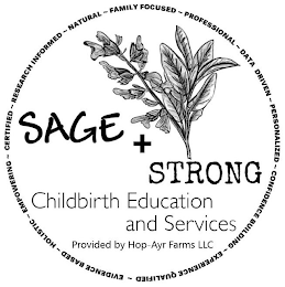 SAGE + STRONG CHILDBIRTH AND EDUCATION SERVICES PROVIDED BY HOP- AYR FARMS LLC NATURAL ~ FAMILY FOCUSED ~ PROFESSIONAL ~ DATA DRIVEN ~ PERSONALIZED ~ CONFIDENCE BUILDING ~ EXPERIENCE QUALIFIED ~ EVIDENCE BASED ~ HOLISTIC ~ EMPOWERING ~ CERTIFIED ~ RESEARCH INFORMED ~ logo