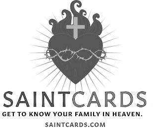 SAINTCARDS GET TO KNOW YOUR FAMILY IN HEAVEN. SAINTCARDS.COM logo