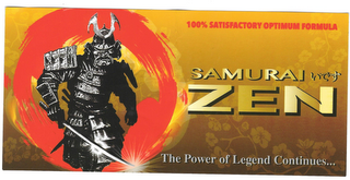 SAMURAI ZEN 100% SATISFACTORY OPTIMUM FORMULA THE POWER OF LEGEND CONTINUES... logo