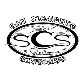 SAN CLEMENTE, SCS, BY PAUL CARTER, EST. 1997, SURFBOARDS logo