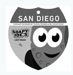 SAN DIEGO SOAPY JOE'S CAR WASH AVOID CONTACT WITH PAINTED, PLASTIC, OR VARNISHED SURFACES logo