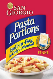 SAN GIORGIO PASTA PORTIONS BOIL-IN-BAG IN ONLY 3 MINUTES CONTAINS 3 BAGS PENNE logo